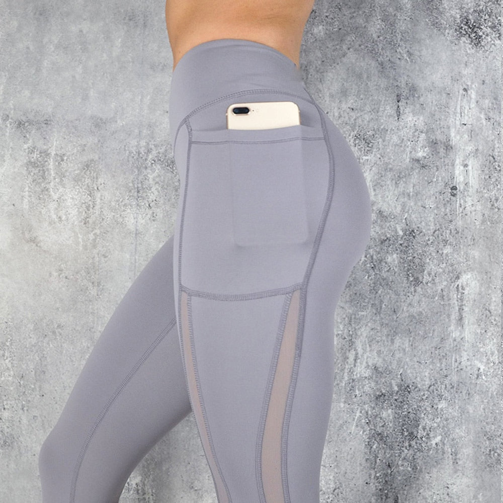 Full Length Workout Leggings With Pocket Women High Waist Mesh Patchwork Yoga Pants Fitness Gym Exercise Sport Pants | Vimost Shop.