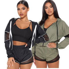 Autumn Sheer Mesh Patchwork Hooded Three Piece Set Women Sports Clothing Long Sleeve Zipper Jacket And Shorts Suit Running Set | Vimost Shop.