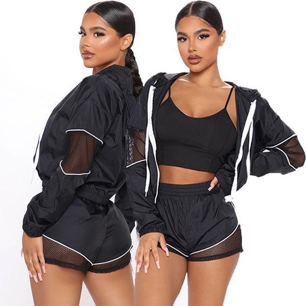 Autumn Sheer Mesh Patchwork Hooded Three Piece Set Women Sports Clothing Long Sleeve Zipper Jacket And Shorts Suit Running Set | Vimost Shop.