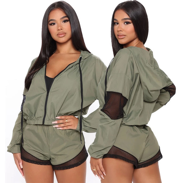 Autumn Sheer Mesh Patchwork Hooded Three Piece Set Women Sports Clothing Long Sleeve Zipper Jacket And Shorts Suit Running Set | Vimost Shop.