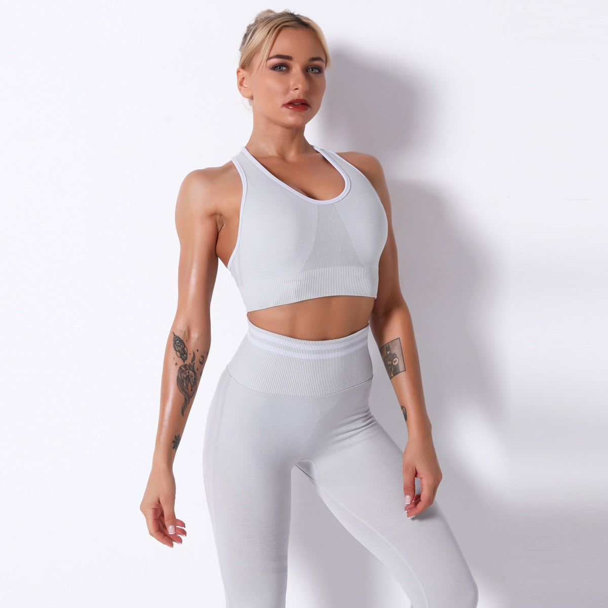 Seamless Striped Leggings Pants And Bra Top Yoga Tracksuit Fashion Work Out Fitness Running Sports Two Piece Set For Women | Vimost Shop.