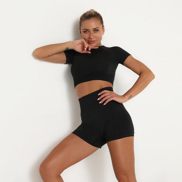 Sexy Women Casual Yoga Seamless Two Pieces Set T Shirt  Crop Top Skinny Shorts Tracksuit High Elastic Jogger Fitness Sporty Suit | Vimost Shop.