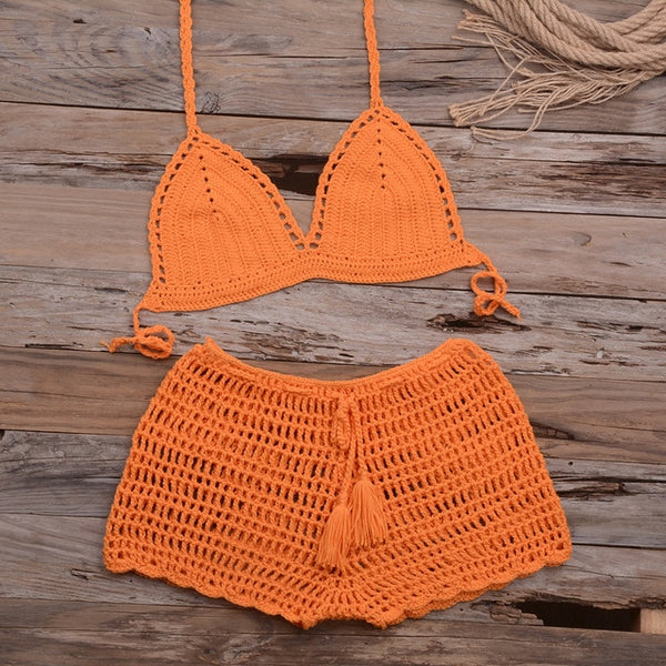 Sexy Crochet Bikini Two Pieces Set Halter Bra Tie Top Knitted Shorts Biquini Summer Beach Swimwear Hollow Swimsuit Bathing Suit | Vimost Shop.