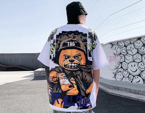 Hip Hop T Shirt Men Harajuku Streetwear Ferocious Bear Print Patchwork Tops Casual Cotton Short Sleeve Tees | Vimost Shop.