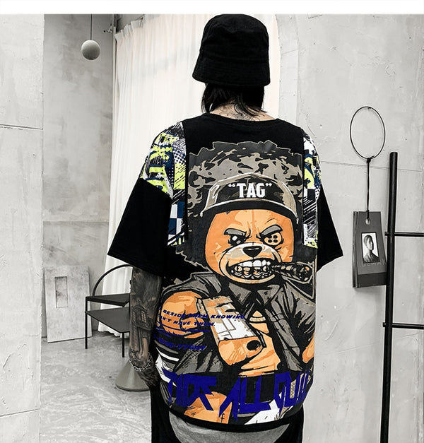 Hip Hop T Shirt Men Harajuku Streetwear Ferocious Bear Print Patchwork Tops Casual Cotton Short Sleeve Tees | Vimost Shop.
