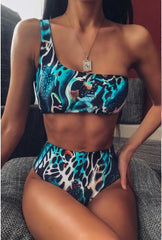 Print One Shoulder High Waist two Pieces Bikini set With Headband Women Swimwear Bathing Suit Swimsuit Female Sexy Holiday Beach | Vimost Shop.