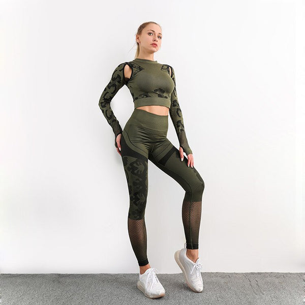 Autumn Seamless Camo Print Sports Yoga Set Sheer Mesh Patchwork Gym Fitness Long Sleeve Leggings Tracksuit Training Clothing | Vimost Shop.