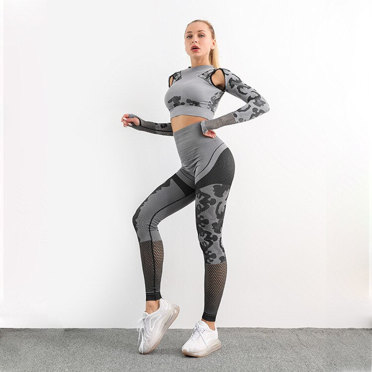 Autumn Seamless Camo Print Sports Yoga Set Sheer Mesh Patchwork Gym Fitness Long Sleeve Leggings Tracksuit Training Clothing | Vimost Shop.