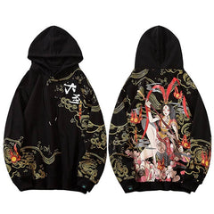 Mens Hip Hop Streetwear Hoodie Sweatshirt Chinese Kanji Girl Warrior Autumn Winter Cotton Fleece Pullover Harajuku Black | Vimost Shop.