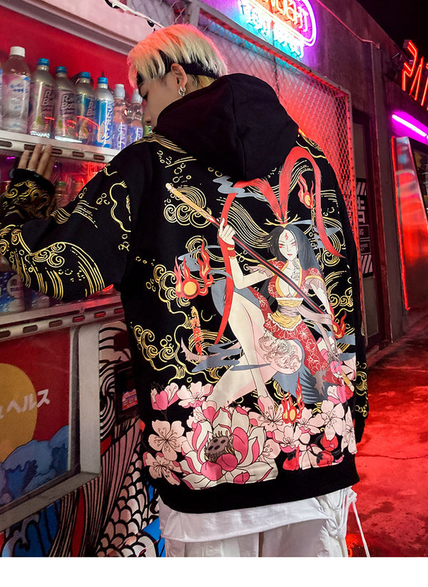 Mens Hip Hop Streetwear Hoodie Sweatshirt Chinese Kanji Girl Warrior Autumn Winter Cotton Fleece Pullover Harajuku Black | Vimost Shop.