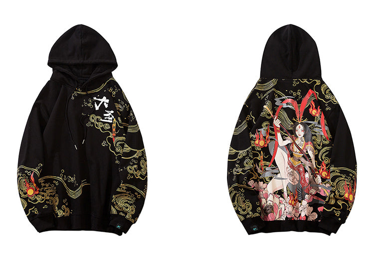 Mens Hip Hop Streetwear Hoodie Sweatshirt Chinese Kanji Girl Warrior Autumn Winter Cotton Fleece Pullover Harajuku Black | Vimost Shop.