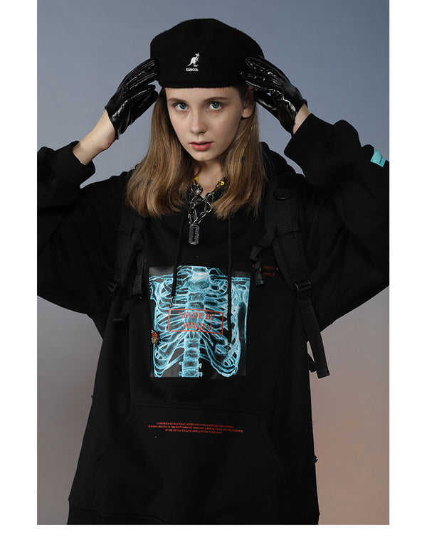 Mens Streetwear Hooded Pullover Chest Skeleton Printed Sweatshirt Hoodie Cotton Fleece Khaki New Pullover Sweatshirt | Vimost Shop.