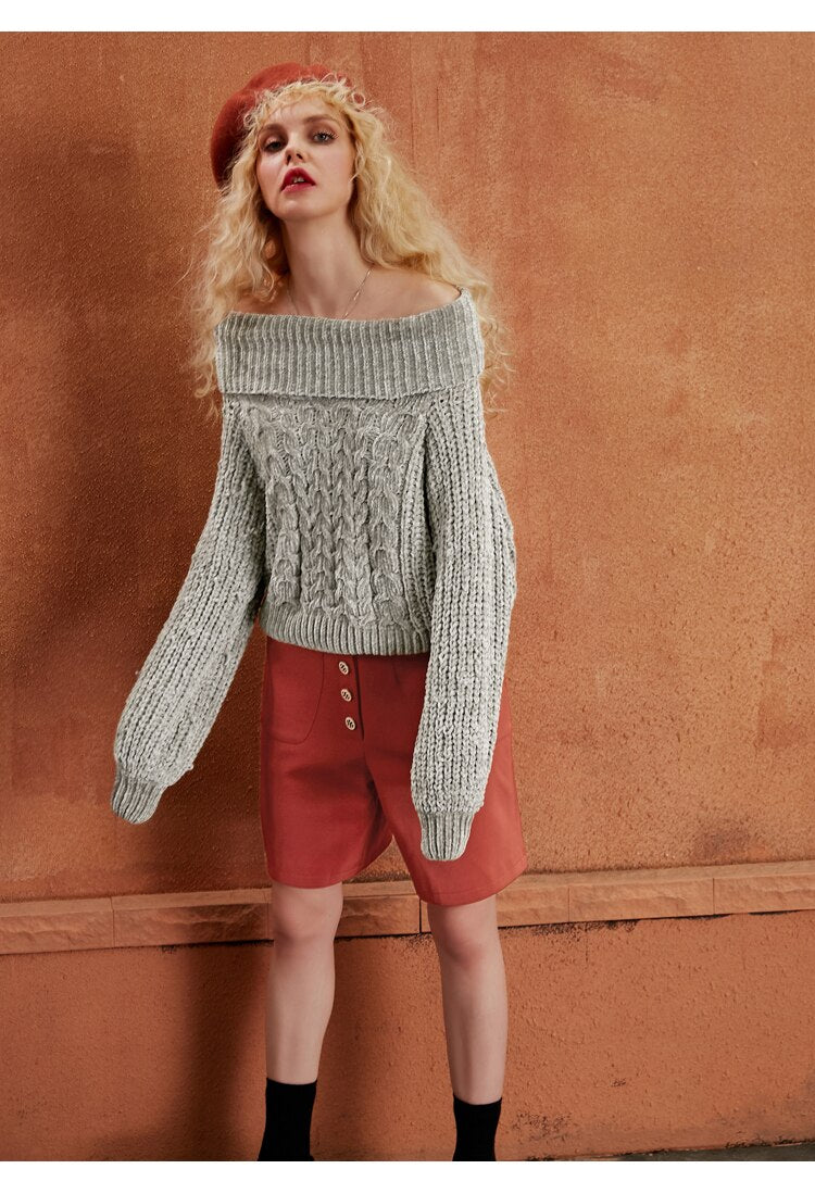 Gray Solid Knitted Casual Sweater Women Autumn Rose Red Pure Korean Ladies Off-Shoulder Top | Vimost Shop.