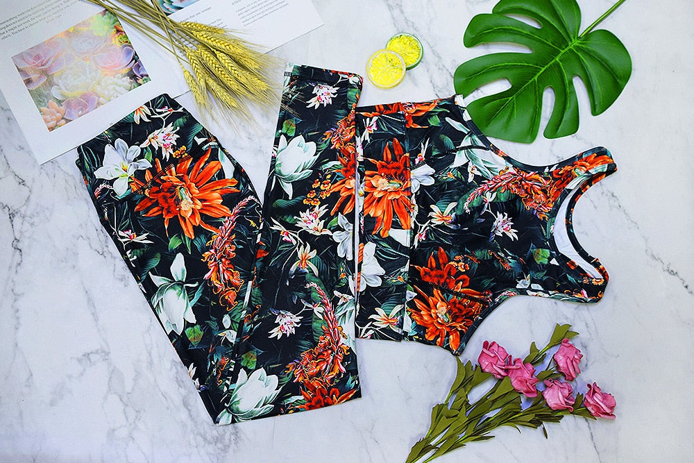 Seamless Floral Print Sports Yoga Set Gym Fitness Tracksuit Fashion Top Leggings Suit Jogging Workout Training Dance Clothing | Vimost Shop.