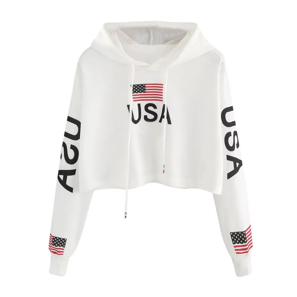 Women harajuku hoodies Autumn Casual Drop Shoulder American Flag Print Hoodie Sweatshirt Crop Top sweatshirt sudadera mujer | Vimost Shop.