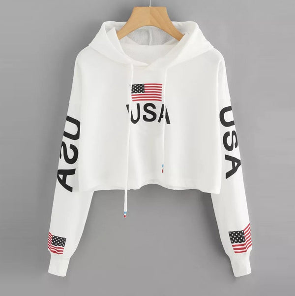 Women harajuku hoodies Autumn Casual Drop Shoulder American Flag Print Hoodie Sweatshirt Crop Top sweatshirt sudadera mujer | Vimost Shop.