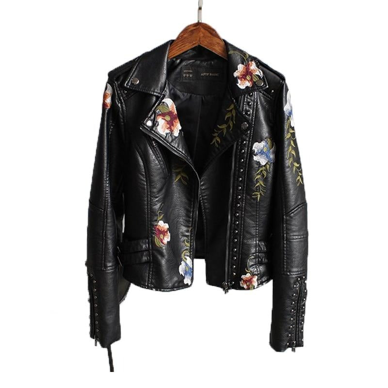 Women Floral Print Embroidery Faux Soft Leather Jacket Coat  Turn-down Collar Casual Pu Motorcycle Black Punk Outerwear | Vimost Shop.