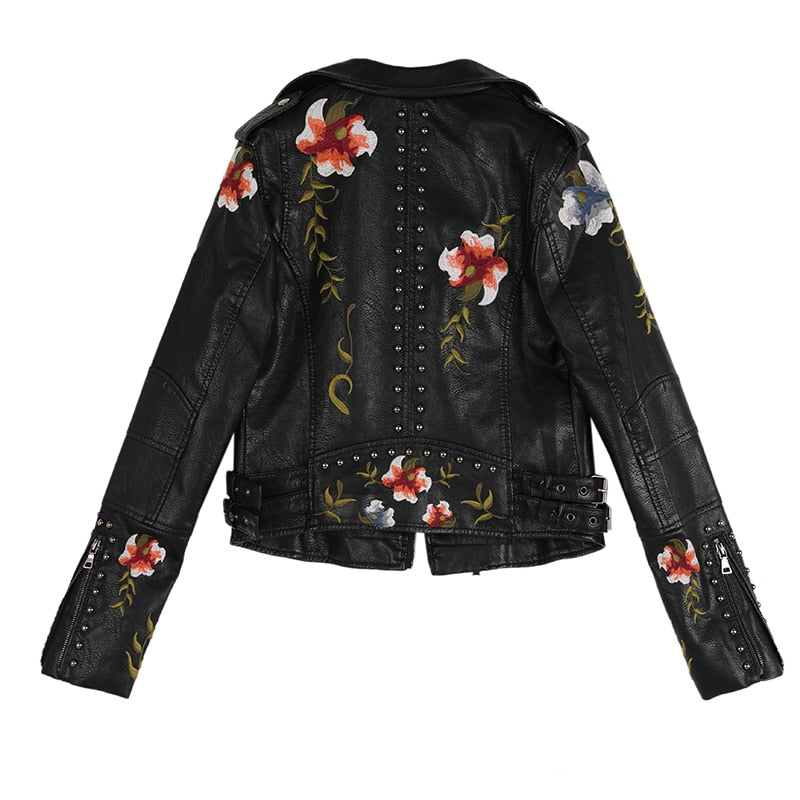 Women Floral Print Embroidery Faux Soft Leather Jacket Coat  Turn-down Collar Casual Pu Motorcycle Black Punk Outerwear | Vimost Shop.