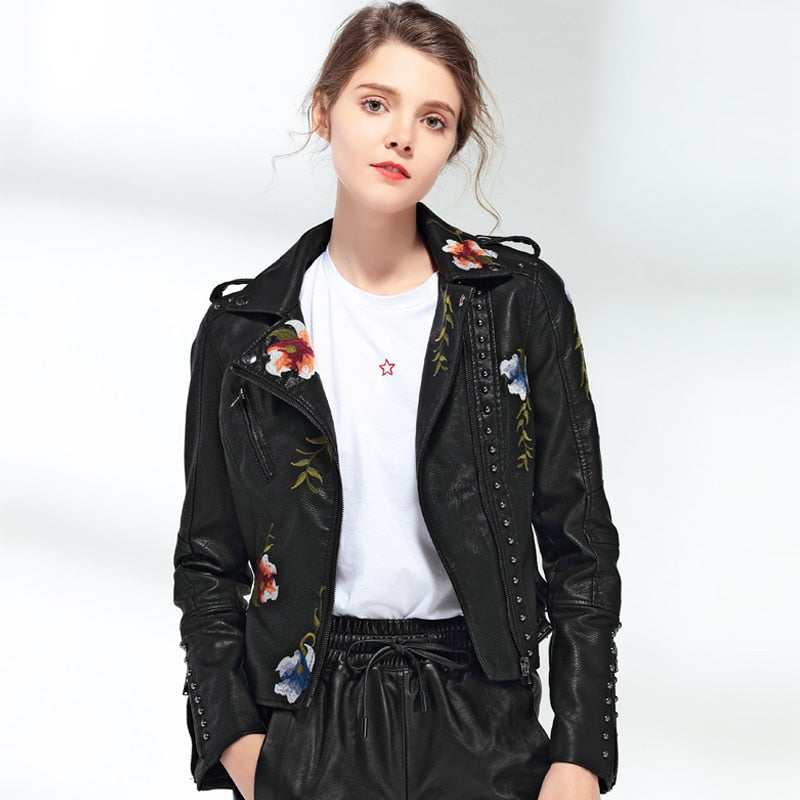 Women Floral Print Embroidery Faux Soft Leather Jacket Coat  Turn-down Collar Casual Pu Motorcycle Black Punk Outerwear | Vimost Shop.