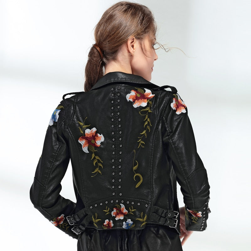 Women Floral Print Embroidery Faux Soft Leather Jacket Coat  Turn-down Collar Casual Pu Motorcycle Black Punk Outerwear | Vimost Shop.