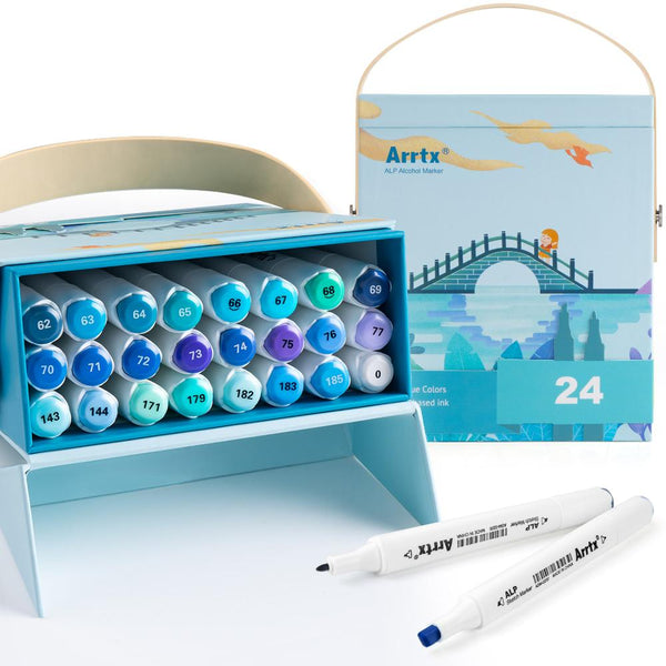 Arrtx ALP Blue Tone 24 Colors Alcohol Marker Pen Dual Tips Markers Perfect for Painting Sky, Sea, River, etc | Vimost Shop.