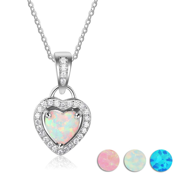 925 Sterling Silver Heart Shape White Pink Blue Opal Necklaces & Pendants with Cubic Zirconia Fine Jewelry Gift | Vimost Shop.