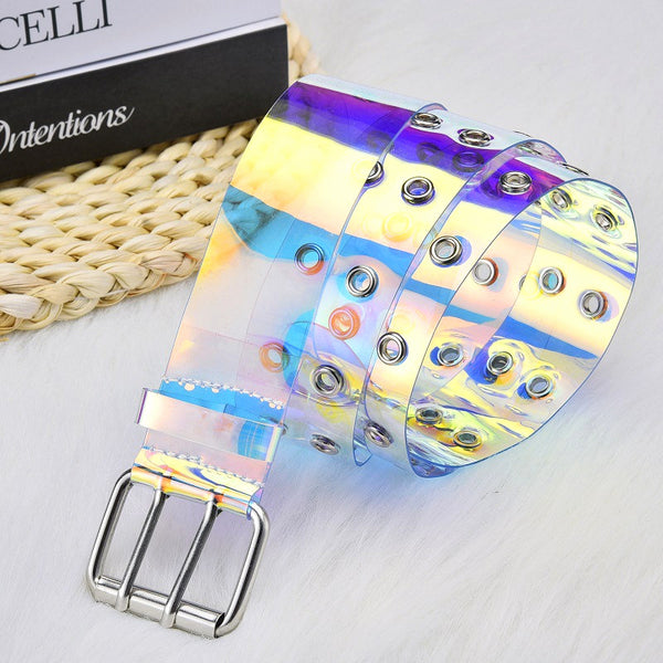 Transparent Two Row PVC Belt Women Fashion Laser Invisible Square Pin Buckle Multihole Dazzling Belts For Ladies Waistband | Vimost Shop.