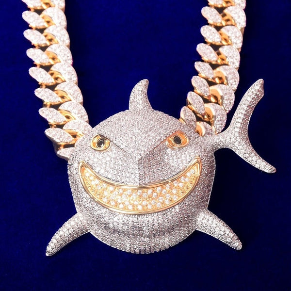 Full Zircon Animal shark head Pendant With 20MM Cuban Chain Necklace Gold Color Charm Men's Hip hop Rock Street Jewelry | Vimost Shop.