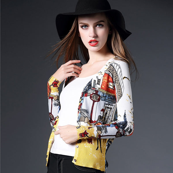 Spring Autumn Drawing Print Lady Long-Sleeve Sweater Cardigans Women V-Neck Casual Knitted Outerwear High Quality