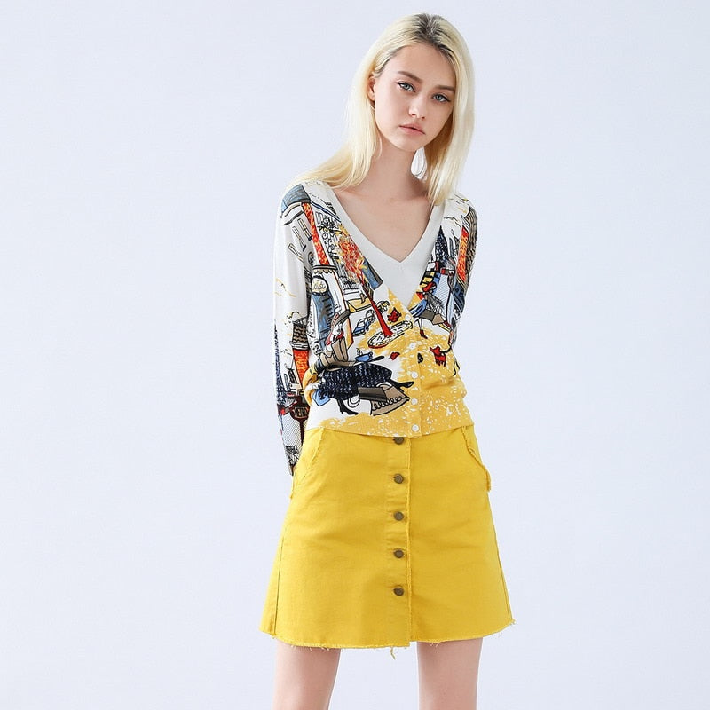 Spring Autumn Drawing Print Lady Long-Sleeve Sweater Cardigans Women V-Neck Casual Knitted Outerwear High Quality