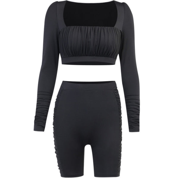 Solid Sports Yoga Set Women Gym Clothes Long Sleeve Pleated Crop Top Skinny Shorts Tracksuit Fashion Fitness Workout New Suit | Vimost Shop.
