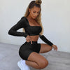 Solid Sports Yoga Set Women Gym Clothes Long Sleeve Pleated Crop Top Skinny Shorts Tracksuit Fashion Fitness Workout New Suit | Vimost Shop.