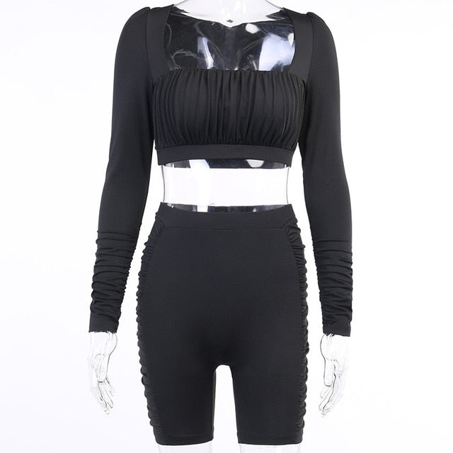 Solid Sports Yoga Set Women Gym Clothes Long Sleeve Pleated Crop Top Skinny Shorts Tracksuit Fashion Fitness Workout New Suit | Vimost Shop.