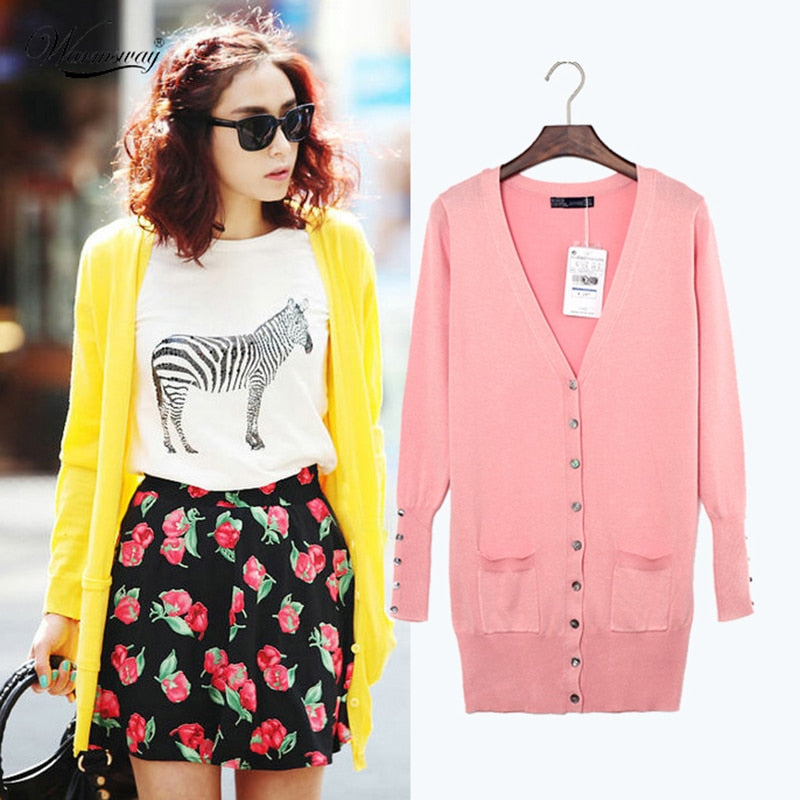 Quality Guarantee Spring Autumn Women Shell Button Brand Cardigan Long Casual Slim Cotton Solid Knitwear