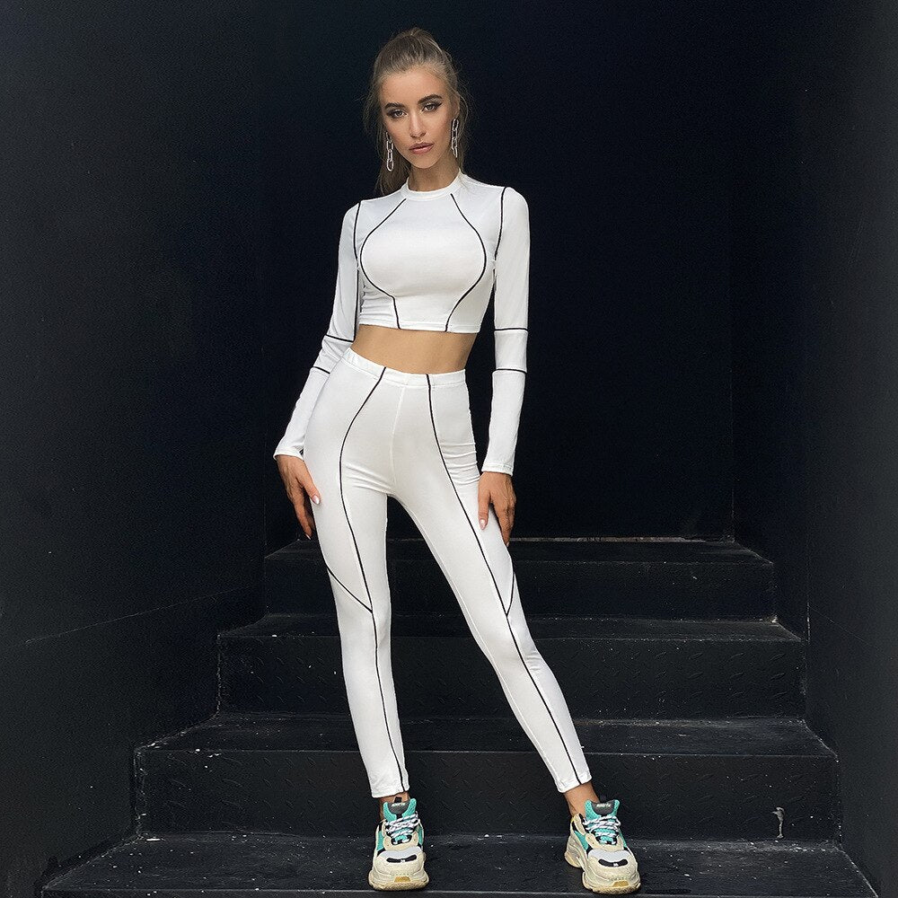 Autumn Striped Tracksuit Set For Women Casual Gym Running Sports Work Out Slim Outfits Striped Long Sleeve Top Pencil Pants Suit | Vimost Shop.