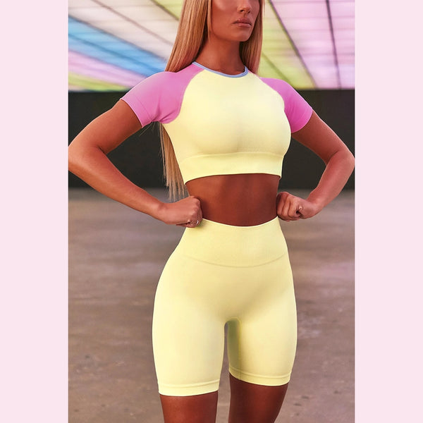 Seamless Color Patchwork Yoga Set Gym Clothing Fashion Short Sleeve Top Shorts Sports Suit Push Up Workout Running Tracksuit | Vimost Shop.