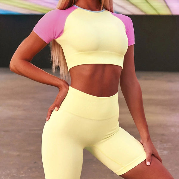 Seamless Color Patchwork Yoga Set Gym Clothing Fashion Short Sleeve Top Shorts Sports Suit Push Up Workout Running Tracksuit | Vimost Shop.