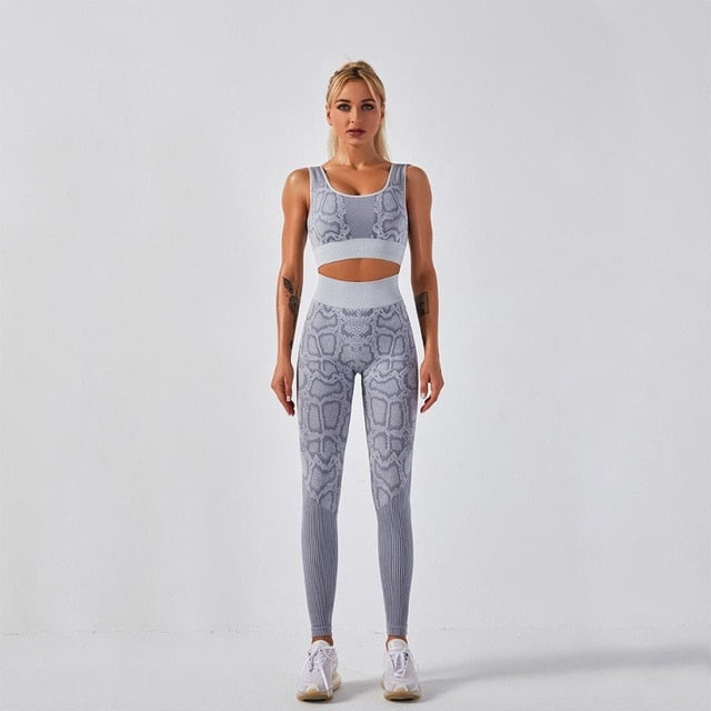 Seamless Snakeskin Print Yoga Set Gym Clothing Fashion Tank Crop Top Leggings Suit Push Up Workout Training Running Tracksuit | Vimost Shop.
