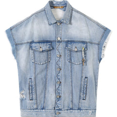 Harajuku Blue Graphic Print Casual Woman Denim Jackets Sleeveless Femme Daily Outerwear | Vimost Shop.