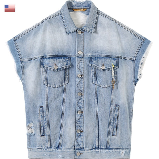 Harajuku Blue Graphic Print Casual Woman Denim Jackets Sleeveless Femme Daily Outerwear | Vimost Shop.