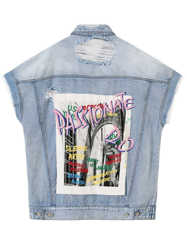 Harajuku Blue Graphic Print Casual Woman Denim Jackets Sleeveless Femme Daily Outerwear | Vimost Shop.