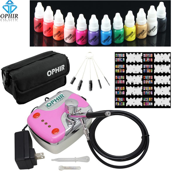 0.3mm Nail Art Airbrush Kit with Air Compressor 12 Color Inks 20 Airbrushing Stencils & Bag & Cleaning Brush Nail Tool Set | Vimost Shop.