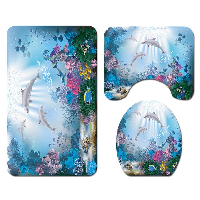Ocean Design Dolphin 4 In 1 Waterproof Fabric Bathroom 3D Shower Curtain Set with Non Slip Toilet Cover Rugs Mat Home Decoration | Vimost Shop.