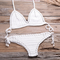 Sexy Crochet Bikini Two Pieces Set Halter Bra Tie Top Knitted Shorts Biquini Summer Beach Swimwear Hollow Swimsuit Bathing Suit | Vimost Shop.