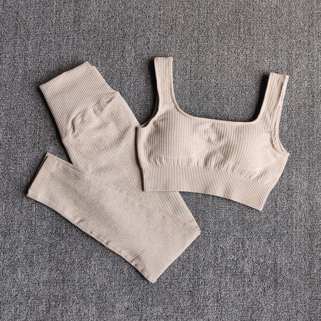 Women's Sportswear Yoga Set Workout Clothes Athletic Wear Sports Gym Legging Seamless Fitness Bra Crop Top Long Sleeve Yoga Suit