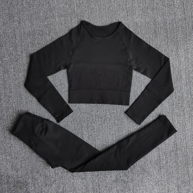 Women's Sportswear Yoga Set Workout Clothes Athletic Wear Sports Gym Legging Seamless Fitness Bra Crop Top Long Sleeve Yoga Suit