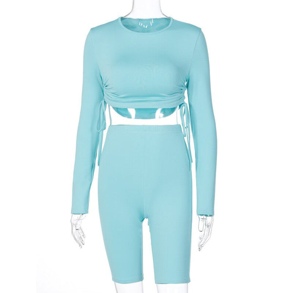 Seamless Solid Slim Yoga Set Gym Clothing Fashion Long Sleeve Crop Top Shorts Suit Push Up Workout Training Running Tracksuit | Vimost Shop.