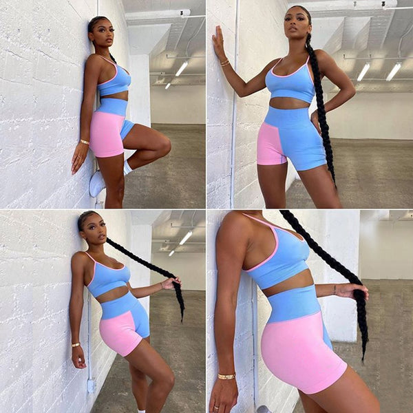 Yoga Set Gym Tracksuit For Women Color Patchwork Fashion Push Up Workout Running Fitness Suit Camisole Shorts Sports Casual Suit | Vimost Shop.