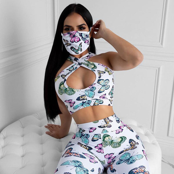 Seamless Butterfly Print Yoga Gym Set Fashion Fitness Twist Crop Top Leggings Suit Push Up Workout Training Running New Clothing | Vimost Shop.