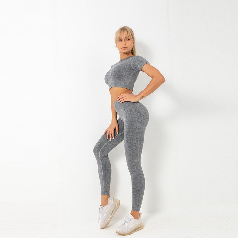 Yoga Gym Suit Seamless Tracksuit For Women Fashion Push Up Workout Running Fitness Suit Short Sleeve Crop Top Leggings Sports | Vimost Shop.